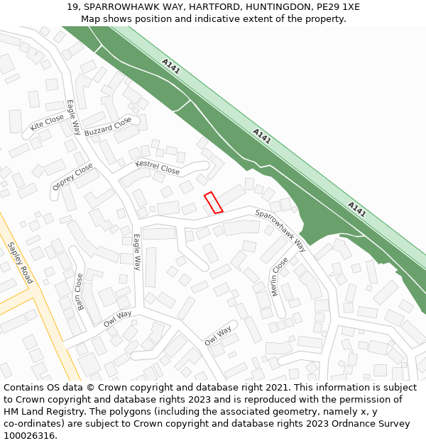 19, SPARROWHAWK WAY, HARTFORD, HUNTINGDON, PE29 1XE: Location map and indicative extent of plot