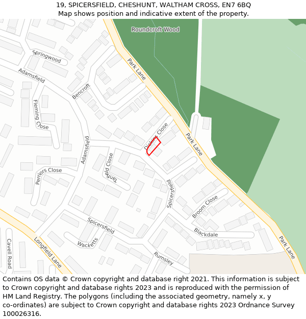 19, SPICERSFIELD, CHESHUNT, WALTHAM CROSS, EN7 6BQ: Location map and indicative extent of plot