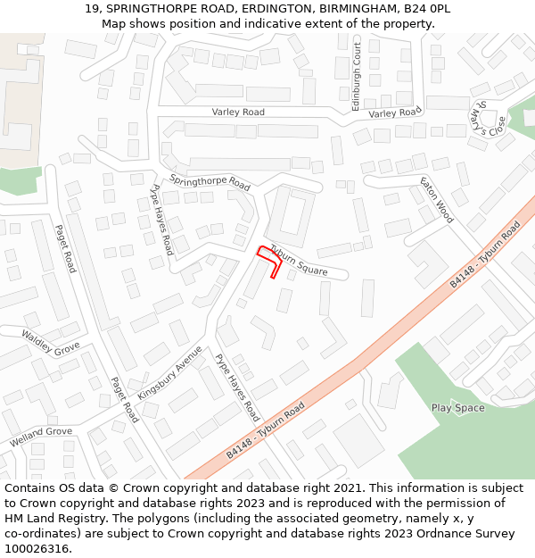 19, SPRINGTHORPE ROAD, ERDINGTON, BIRMINGHAM, B24 0PL: Location map and indicative extent of plot