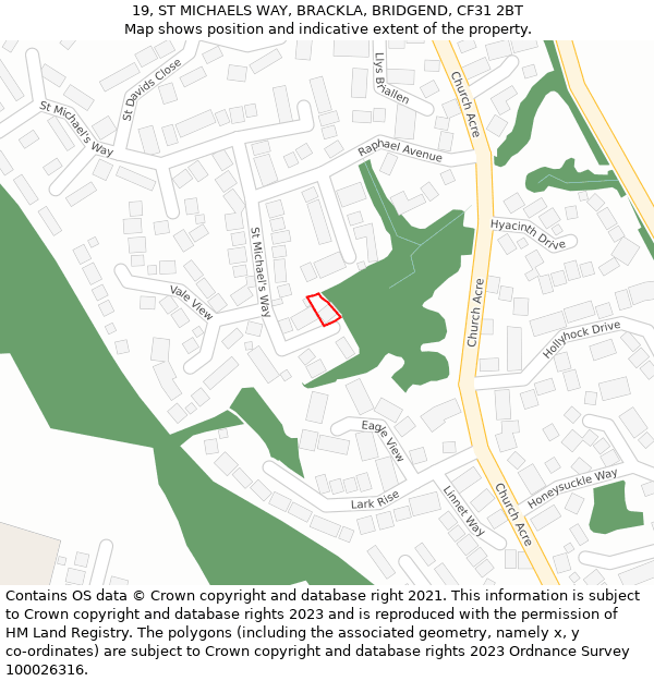 19, ST MICHAELS WAY, BRACKLA, BRIDGEND, CF31 2BT: Location map and indicative extent of plot