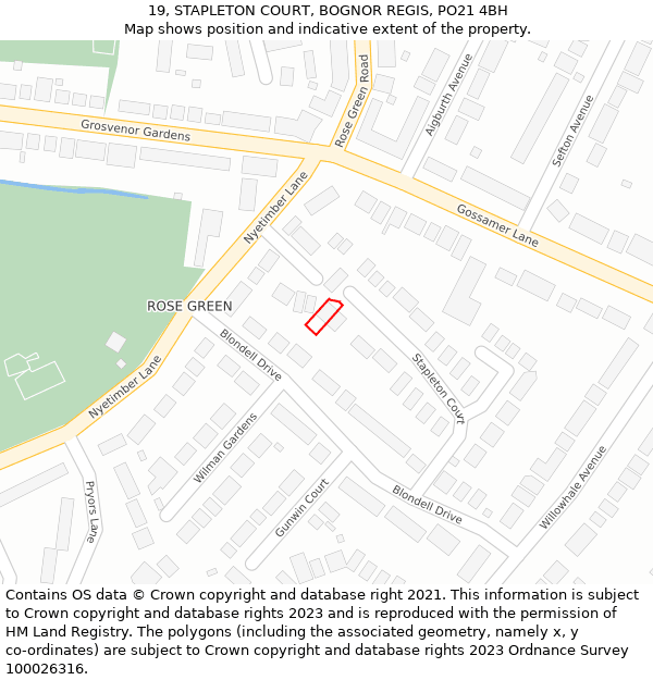 19, STAPLETON COURT, BOGNOR REGIS, PO21 4BH: Location map and indicative extent of plot