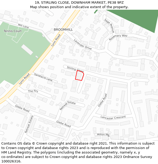 19, STIRLING CLOSE, DOWNHAM MARKET, PE38 9PZ: Location map and indicative extent of plot