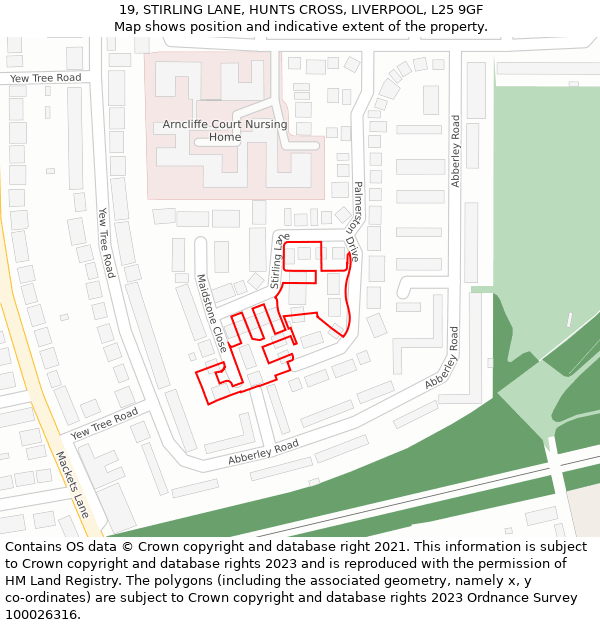 19, STIRLING LANE, HUNTS CROSS, LIVERPOOL, L25 9GF: Location map and indicative extent of plot