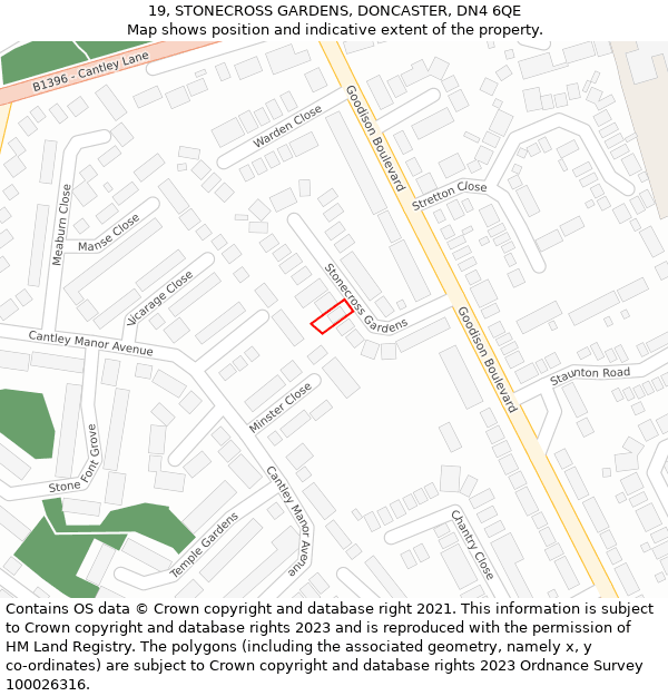 19, STONECROSS GARDENS, DONCASTER, DN4 6QE: Location map and indicative extent of plot