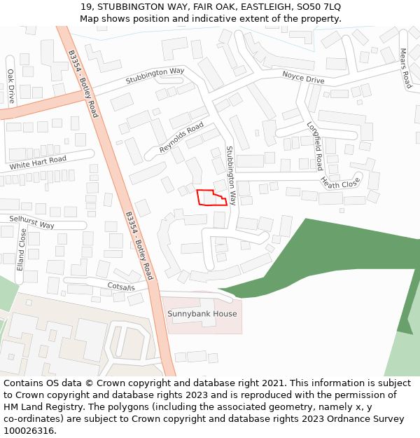 19, STUBBINGTON WAY, FAIR OAK, EASTLEIGH, SO50 7LQ: Location map and indicative extent of plot