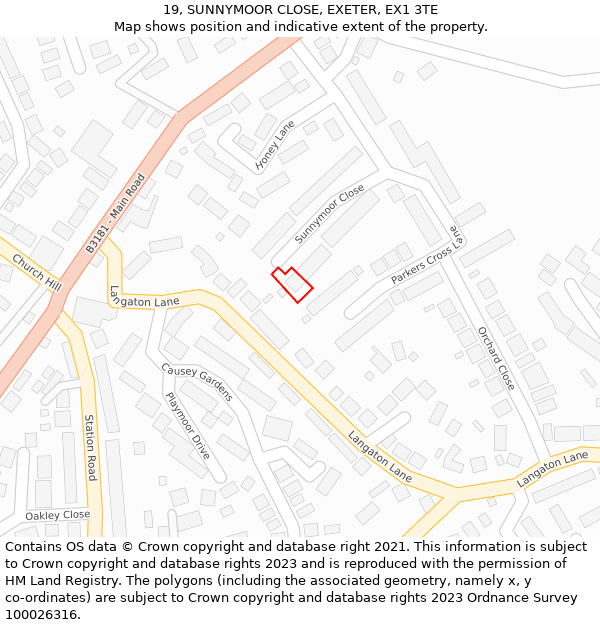 19, SUNNYMOOR CLOSE, EXETER, EX1 3TE: Location map and indicative extent of plot