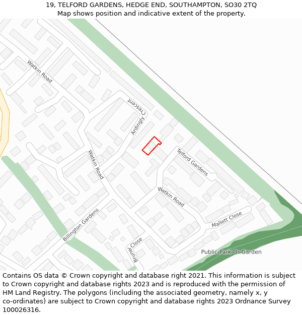 19, TELFORD GARDENS, HEDGE END, SOUTHAMPTON, SO30 2TQ: Location map and indicative extent of plot