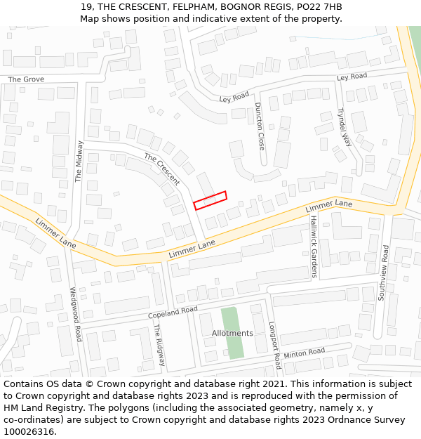 19, THE CRESCENT, FELPHAM, BOGNOR REGIS, PO22 7HB: Location map and indicative extent of plot