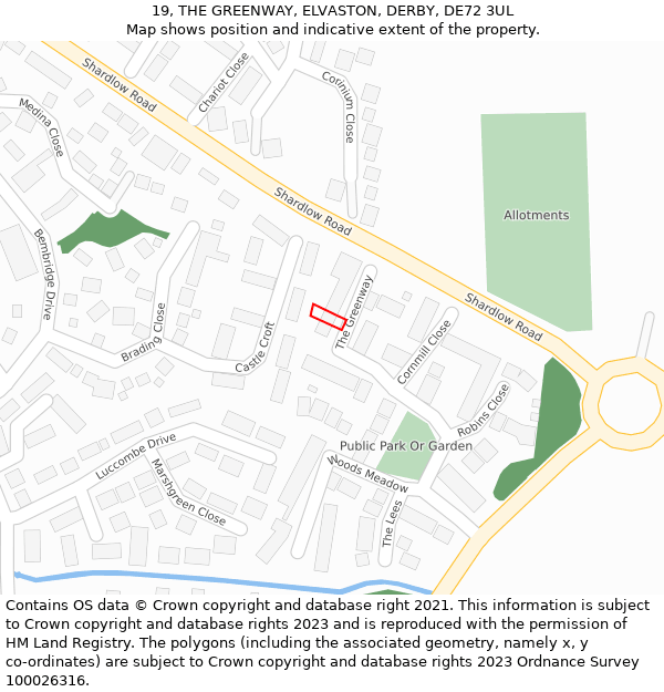 19, THE GREENWAY, ELVASTON, DERBY, DE72 3UL: Location map and indicative extent of plot