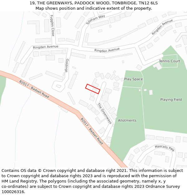 19, THE GREENWAYS, PADDOCK WOOD, TONBRIDGE, TN12 6LS: Location map and indicative extent of plot