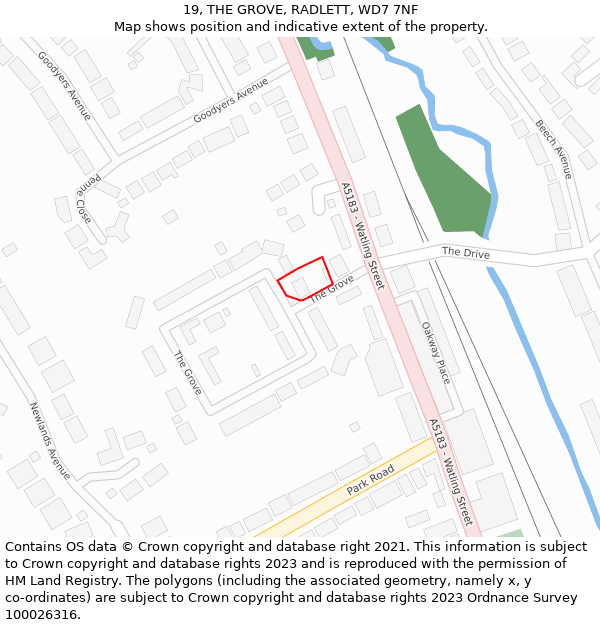 19, THE GROVE, RADLETT, WD7 7NF: Location map and indicative extent of plot