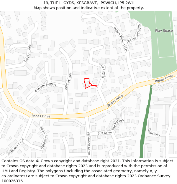 19, THE LLOYDS, KESGRAVE, IPSWICH, IP5 2WH: Location map and indicative extent of plot