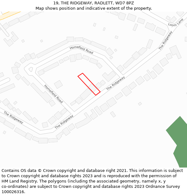 19, THE RIDGEWAY, RADLETT, WD7 8PZ: Location map and indicative extent of plot