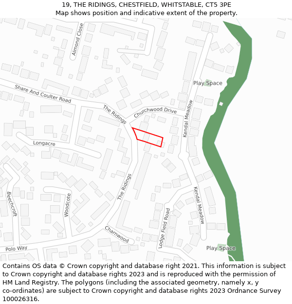 19, THE RIDINGS, CHESTFIELD, WHITSTABLE, CT5 3PE: Location map and indicative extent of plot