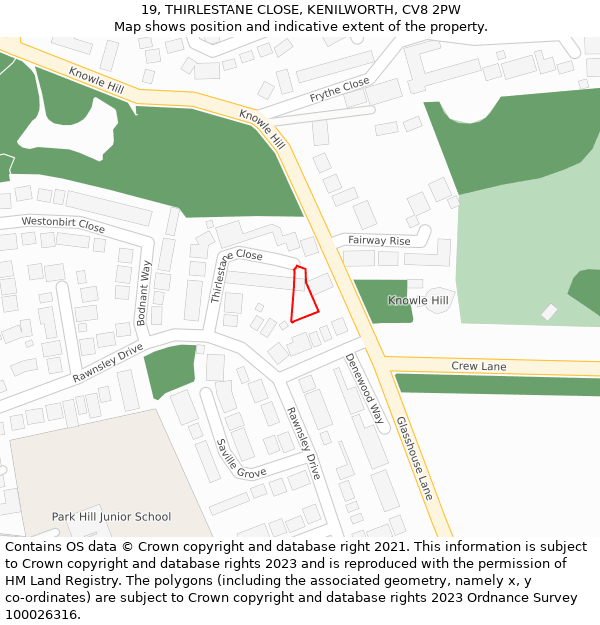 19, THIRLESTANE CLOSE, KENILWORTH, CV8 2PW: Location map and indicative extent of plot