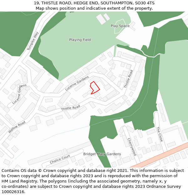 19, THISTLE ROAD, HEDGE END, SOUTHAMPTON, SO30 4TS: Location map and indicative extent of plot