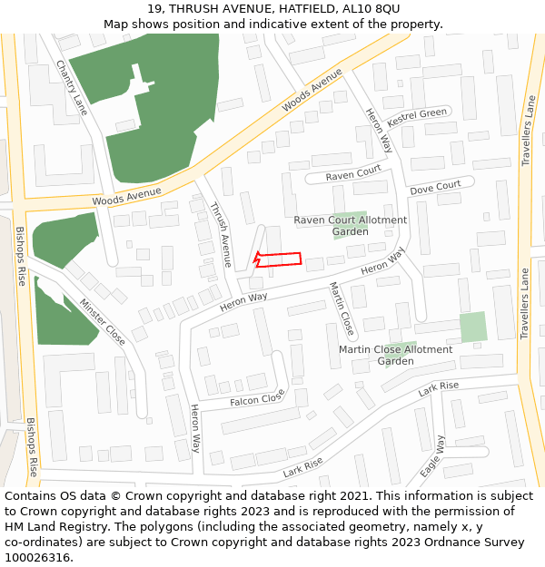 19, THRUSH AVENUE, HATFIELD, AL10 8QU: Location map and indicative extent of plot