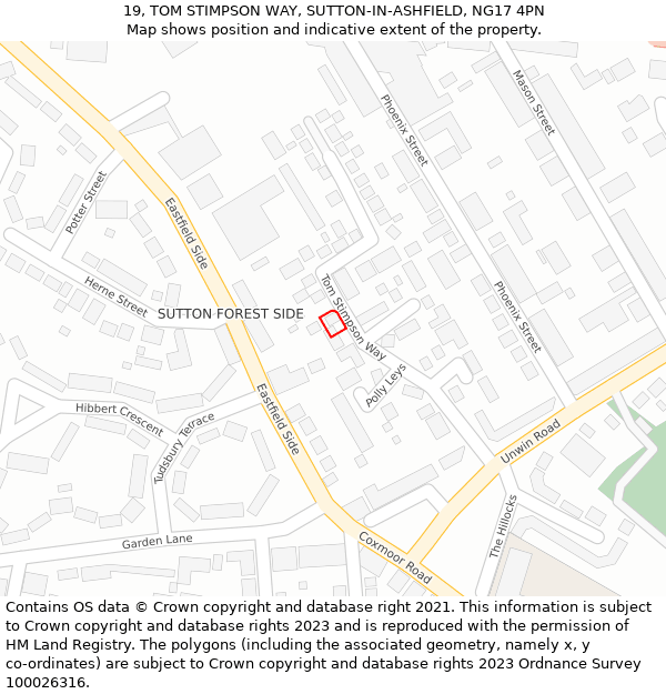 19, TOM STIMPSON WAY, SUTTON-IN-ASHFIELD, NG17 4PN: Location map and indicative extent of plot