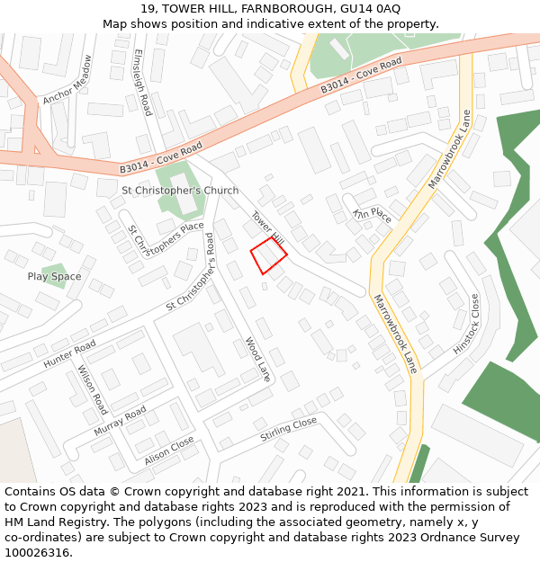 19, TOWER HILL, FARNBOROUGH, GU14 0AQ: Location map and indicative extent of plot