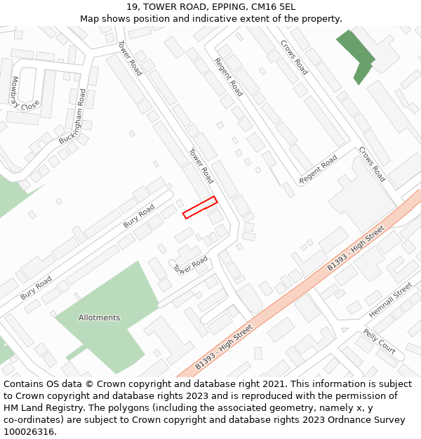 19, TOWER ROAD, EPPING, CM16 5EL: Location map and indicative extent of plot