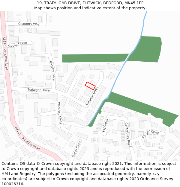 19, TRAFALGAR DRIVE, FLITWICK, BEDFORD, MK45 1EF: Location map and indicative extent of plot