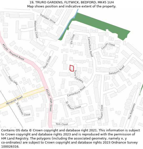 19, TRURO GARDENS, FLITWICK, BEDFORD, MK45 1UH: Location map and indicative extent of plot