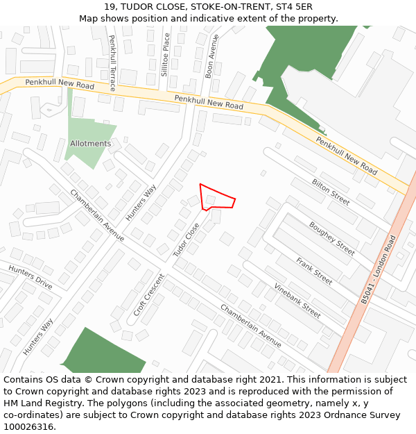 19, TUDOR CLOSE, STOKE-ON-TRENT, ST4 5ER: Location map and indicative extent of plot