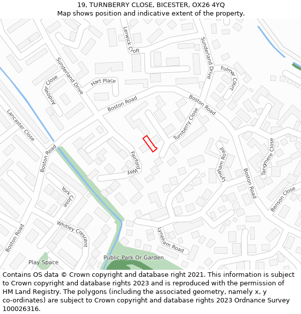 19, TURNBERRY CLOSE, BICESTER, OX26 4YQ: Location map and indicative extent of plot