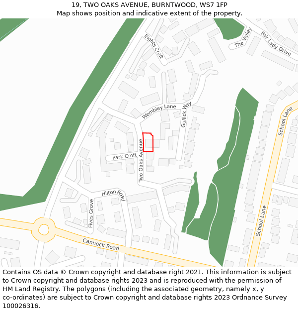 19, TWO OAKS AVENUE, BURNTWOOD, WS7 1FP: Location map and indicative extent of plot