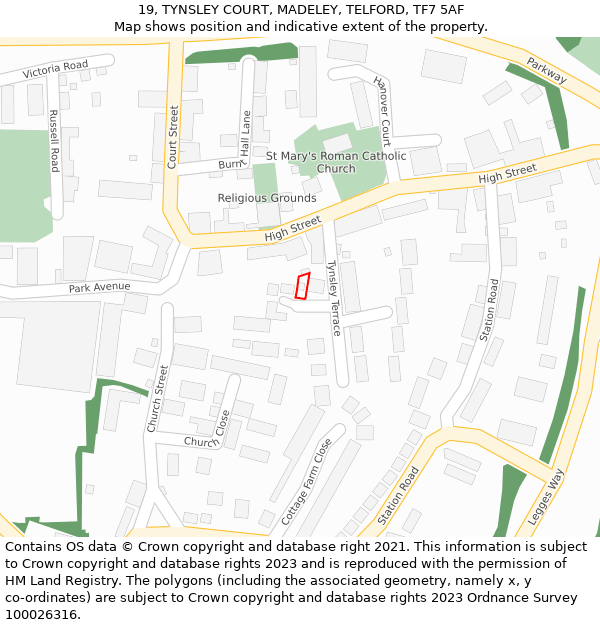 19, TYNSLEY COURT, MADELEY, TELFORD, TF7 5AF: Location map and indicative extent of plot