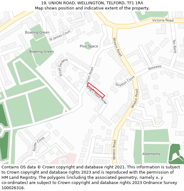 19, UNION ROAD, WELLINGTON, TELFORD, TF1 1RA: Location map and indicative extent of plot