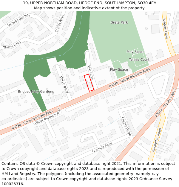 19, UPPER NORTHAM ROAD, HEDGE END, SOUTHAMPTON, SO30 4EA: Location map and indicative extent of plot