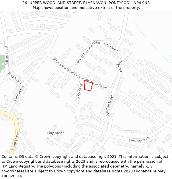 19, UPPER WOODLAND STREET, BLAENAVON, PONTYPOOL, NP4 9NS: Location map and indicative extent of plot