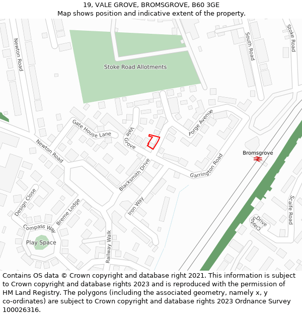 19, VALE GROVE, BROMSGROVE, B60 3GE: Location map and indicative extent of plot