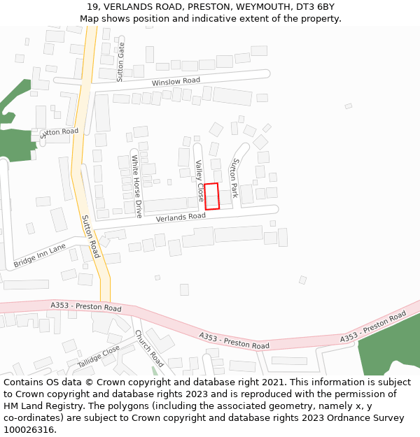 19, VERLANDS ROAD, PRESTON, WEYMOUTH, DT3 6BY: Location map and indicative extent of plot