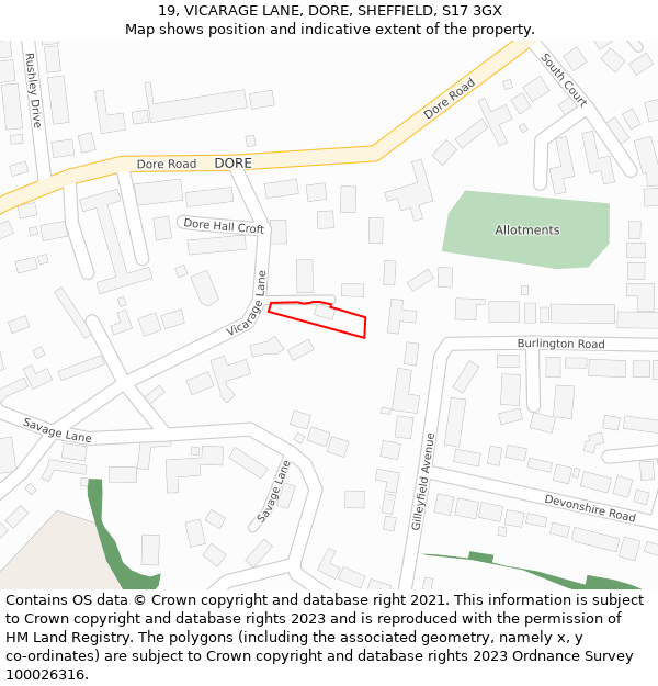 19, VICARAGE LANE, DORE, SHEFFIELD, S17 3GX: Location map and indicative extent of plot