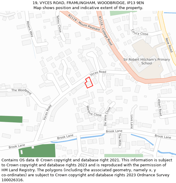 19, VYCES ROAD, FRAMLINGHAM, WOODBRIDGE, IP13 9EN: Location map and indicative extent of plot