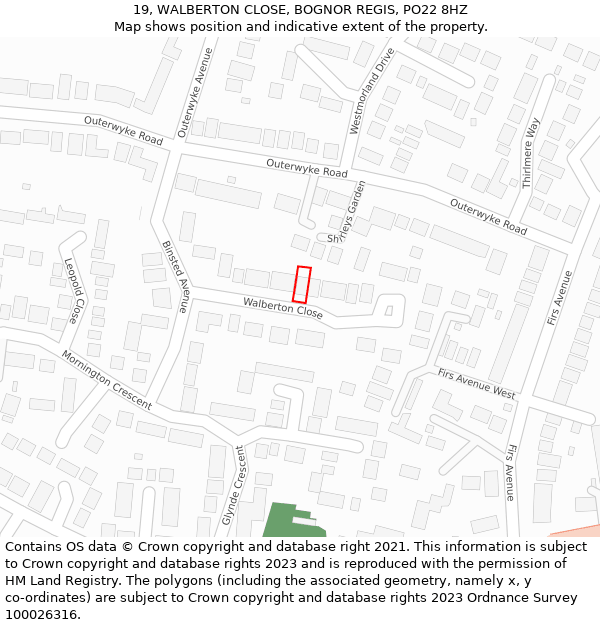 19, WALBERTON CLOSE, BOGNOR REGIS, PO22 8HZ: Location map and indicative extent of plot