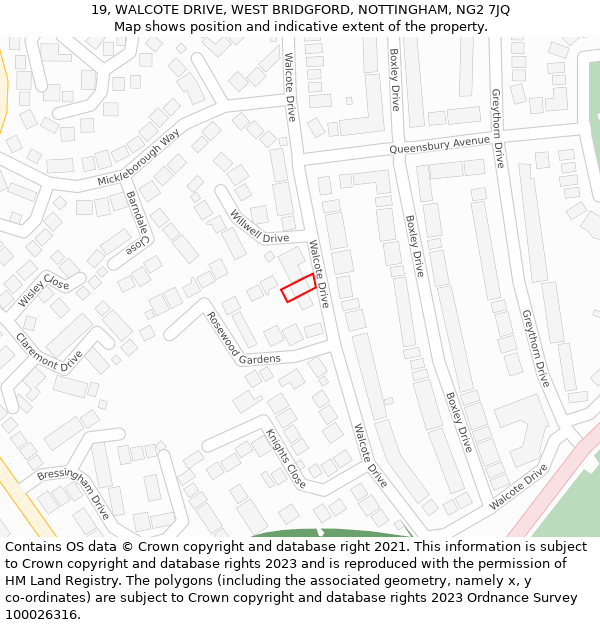 19, WALCOTE DRIVE, WEST BRIDGFORD, NOTTINGHAM, NG2 7JQ: Location map and indicative extent of plot