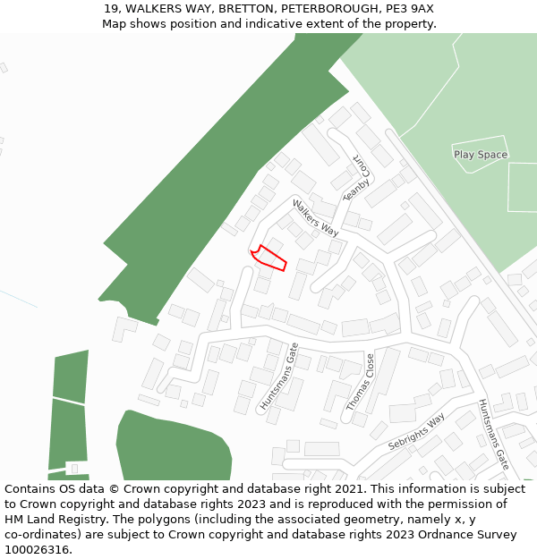 19, WALKERS WAY, BRETTON, PETERBOROUGH, PE3 9AX: Location map and indicative extent of plot