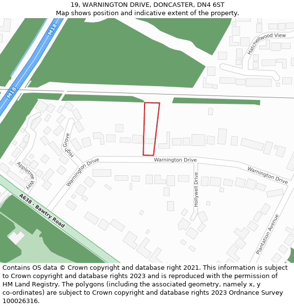 19, WARNINGTON DRIVE, DONCASTER, DN4 6ST: Location map and indicative extent of plot