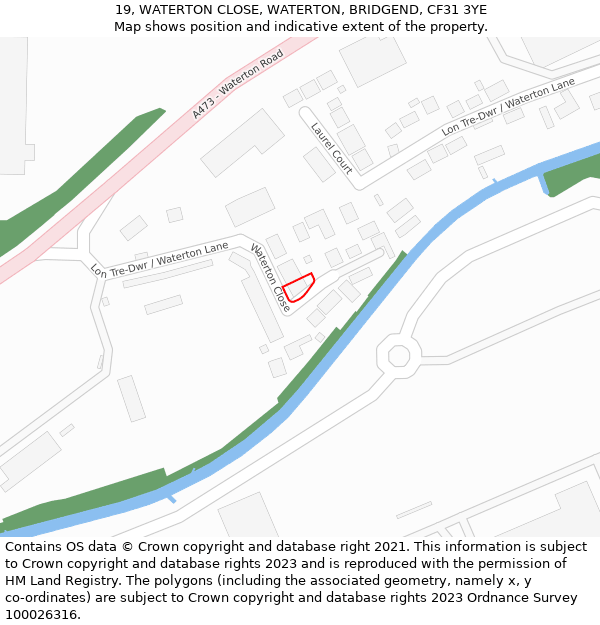 19, WATERTON CLOSE, WATERTON, BRIDGEND, CF31 3YE: Location map and indicative extent of plot