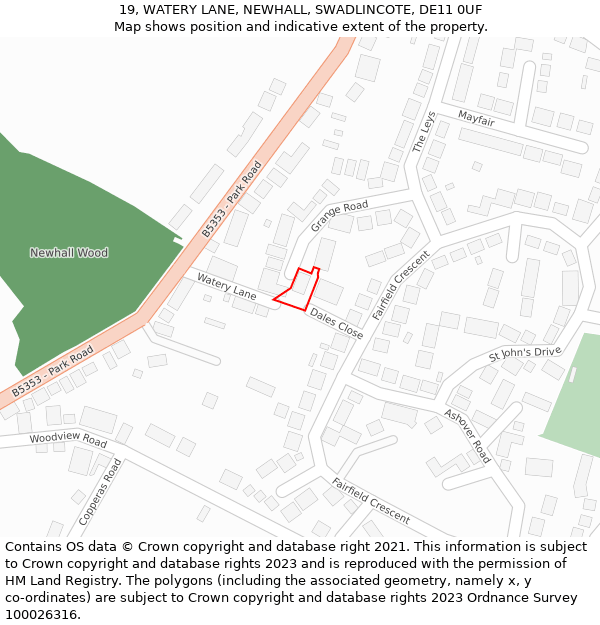 19, WATERY LANE, NEWHALL, SWADLINCOTE, DE11 0UF: Location map and indicative extent of plot