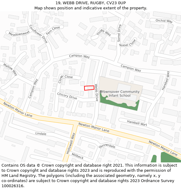 19, WEBB DRIVE, RUGBY, CV23 0UP: Location map and indicative extent of plot