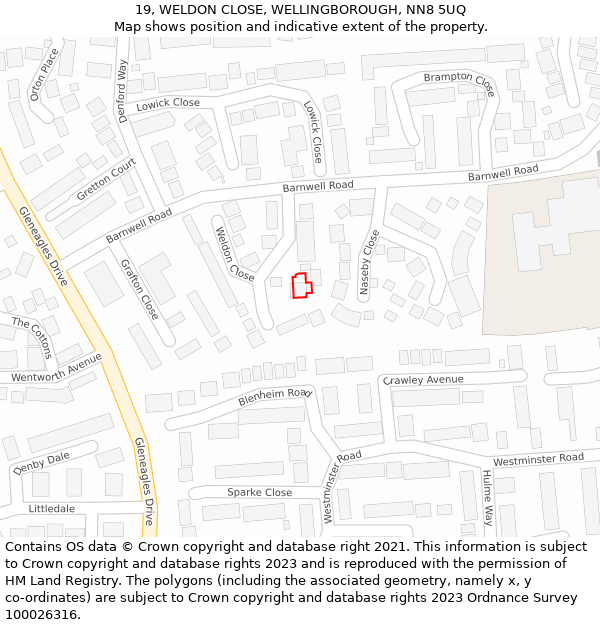 19, WELDON CLOSE, WELLINGBOROUGH, NN8 5UQ: Location map and indicative extent of plot