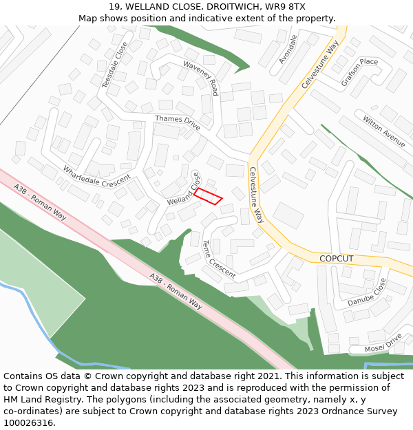 19, WELLAND CLOSE, DROITWICH, WR9 8TX: Location map and indicative extent of plot