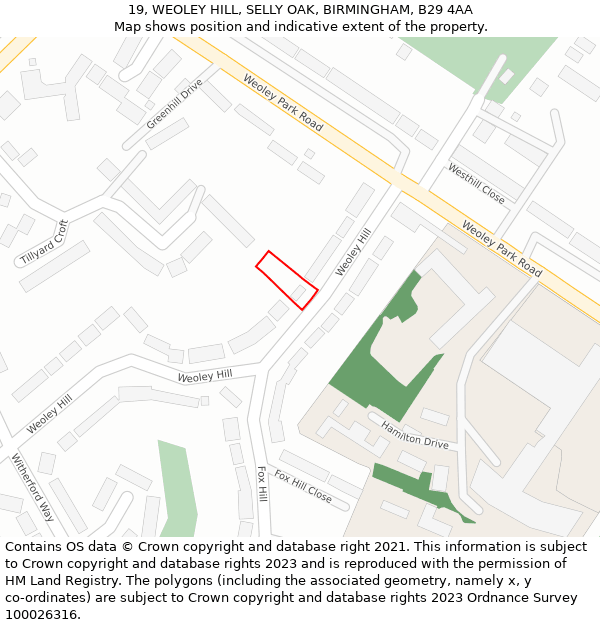 19, WEOLEY HILL, SELLY OAK, BIRMINGHAM, B29 4AA: Location map and indicative extent of plot