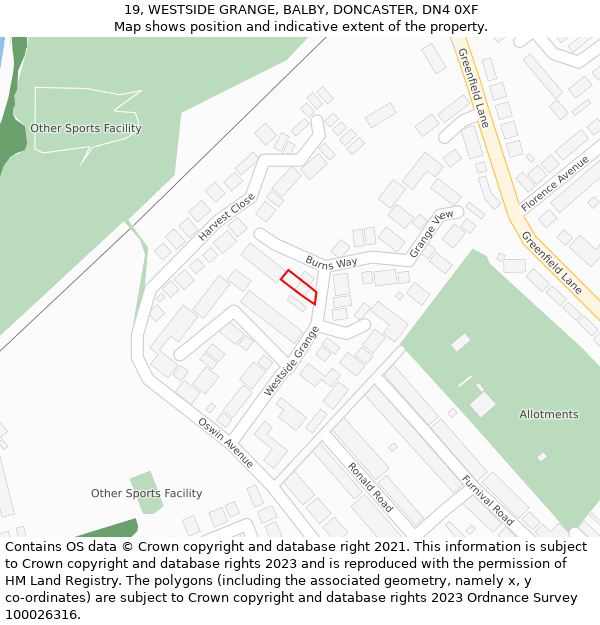 19, WESTSIDE GRANGE, BALBY, DONCASTER, DN4 0XF: Location map and indicative extent of plot