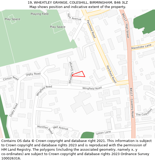 19, WHEATLEY GRANGE, COLESHILL, BIRMINGHAM, B46 3LZ: Location map and indicative extent of plot