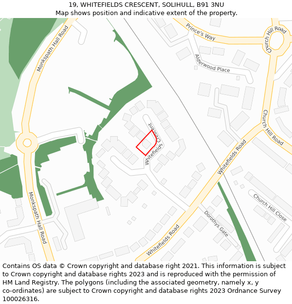 19, WHITEFIELDS CRESCENT, SOLIHULL, B91 3NU: Location map and indicative extent of plot